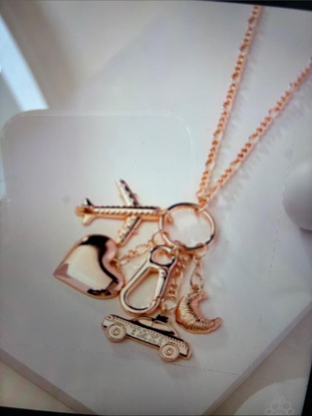 Rose Gold Multi-Charm Necklace with Heart, Plane, Car, Moon and Keyring